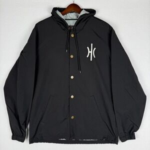 Hoop Culture Windbreaker Jacket‎ Mens Medium Black Nylon Snap Button Hooded
